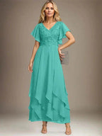 A-line V-Neck Ankle-Length Lace Chiffon Mother of the Bride Dress With Cascading Ruffles