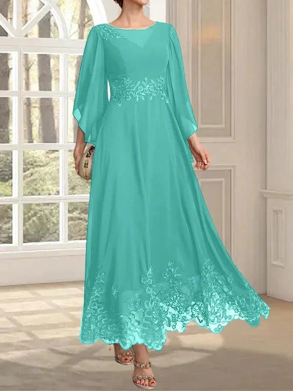 A-line Scoop Illusion Ankle-Length Lace Chiffon Mother of the Bride Dress With Sequins