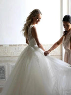 Sequins Lace V-neck Neckline Chapel Train A-line Wedding Dresses WD563
