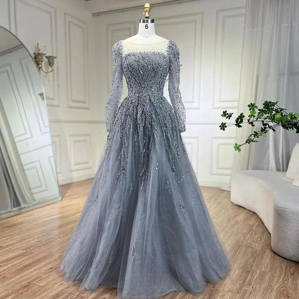 Serene Hill Muslim Pink A Line Beaded Luxury Dubai Long Evening Dresses Gowns   For Woman Wedding Party