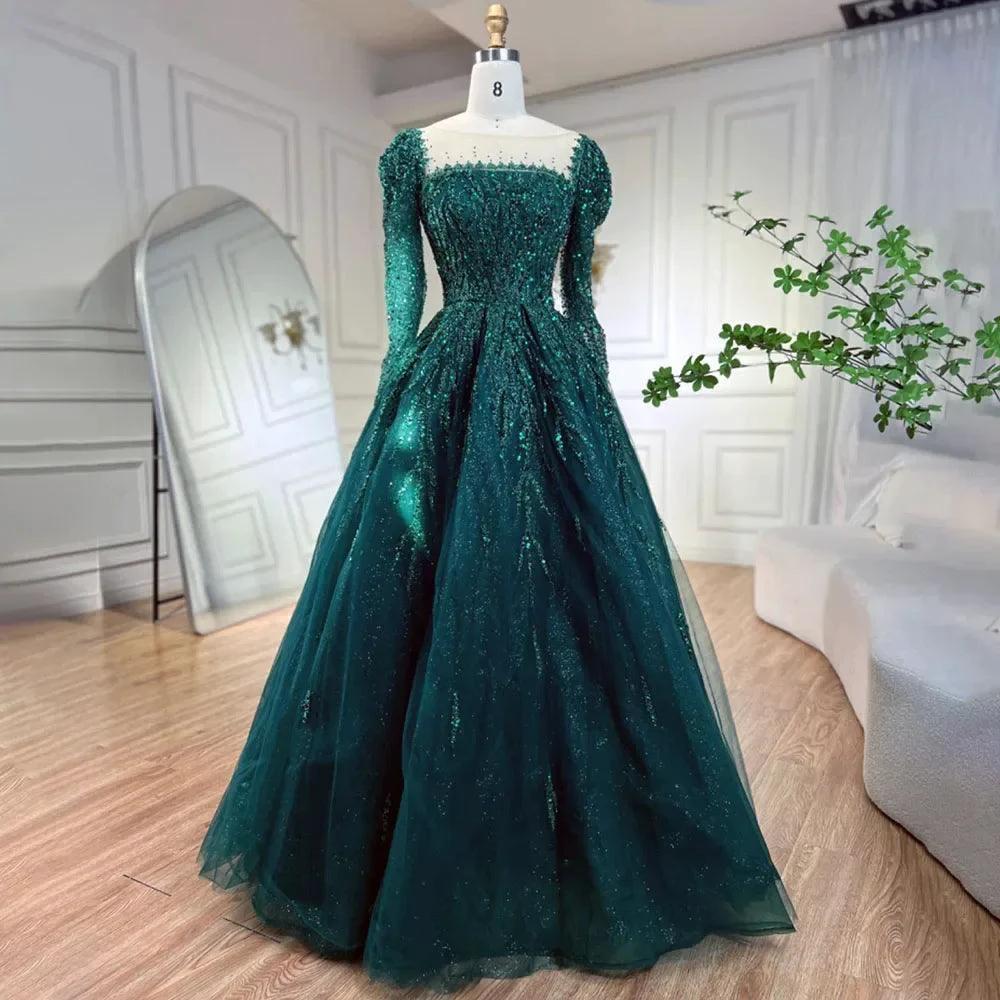 Serene Hill Muslim Pink A Line Beaded Luxury Dubai Long Evening Dresses Gowns   For Woman Wedding Party