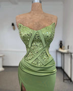 Sexy Column Strapless Sleeveless Sequined Satin Prom Dress Woman