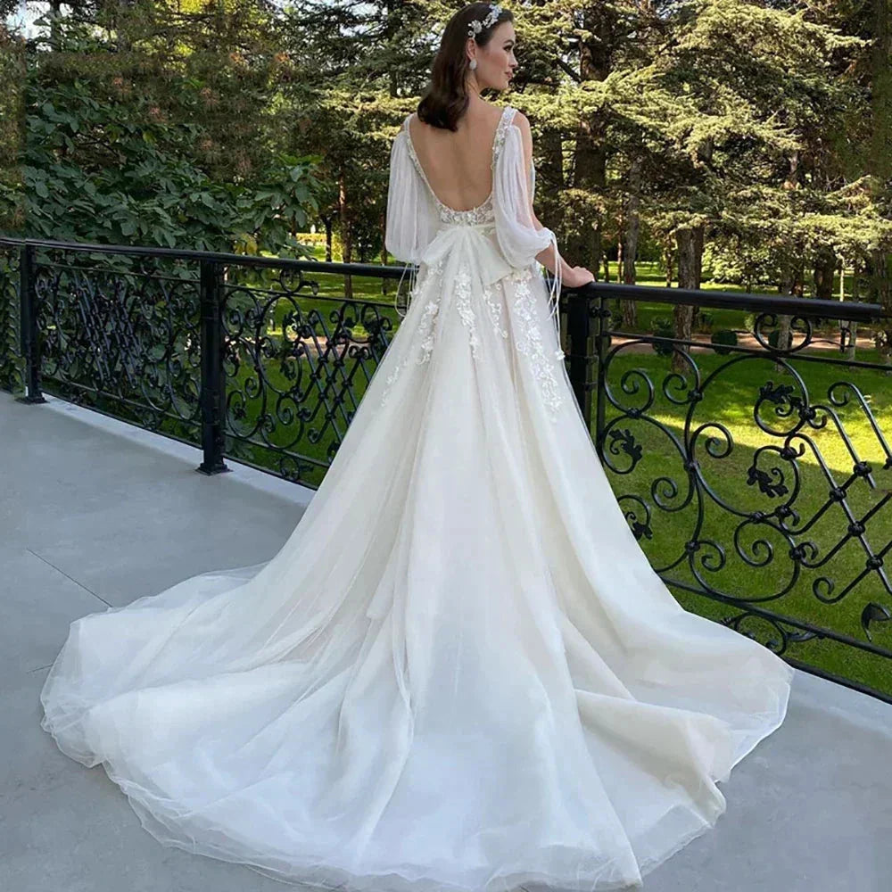 Sexy Deep V Neck Wedding Dress A-Line 3/4 Sleeve Open Back Tulle Lace Appliquéd Boho Bridal Gown Vestidos Custom