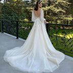 Sexy Deep V Neck Wedding Dress A-Line 3/4 Sleeve Open Back Tulle Lace Appliquéd Boho Bridal Gown Vestidos Custom