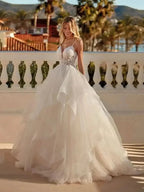 Sexy Lace Appliques V Neck Wedding Dresses Exquisite Tiered A Line Tulle Ball Gowns For Woman Formal Bride Beach Party Vestidos