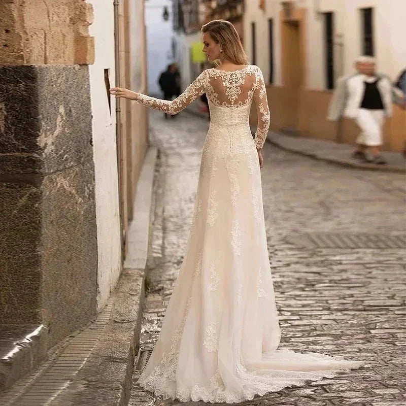 Sexy Lace V-Neck 2023 New Ladies Mermaid Wedding Dresses Floor White Bride Elegant Guest Long Sleeve Vestidos De Novia Applique