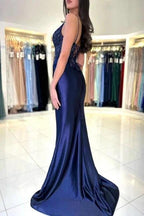 Sexy Long Navy Blue Mermaid V-neck Spaghetti Straps Lace Prom Dress With Slit