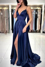 Sexy Long Simple Navy Blue Spaghetti Straps Prom dresses with Slit