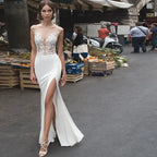 Sexy Mermaid Wedding Dress 2023 Slit Beach Sheath Open Back Sheer Lace Sleeveless Vestido De Noiva Backless Wedding Gowns