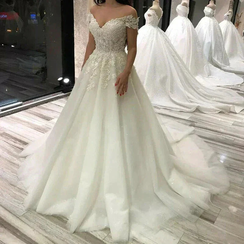 Sexy Off Shoulder Lace Wedding Dress Vintage Women's A-Line Gownes Robe De Soir é e De Mariage Bridal Dress Vestidos De Fiesta