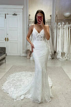 Sexy Off Shoulder Mermaid Mopping Wedding Dresses V Neck Bride Gowns Sleeveless Bridal Robes Appliques Backless Lace Charming
