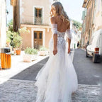 Sexy Off Shoulder Wedding Dresses Bohemian Tulle Elegant Women's Side Split A-line Lace Applique Beach Bridal Dress Sleeveless