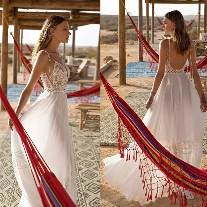 Sexy Spaghetti Straps A-line Deep V-Neck Backless Wedding Dresses  Sleeveless robe de mariée Bridal Gowns vestidos de novia 2023