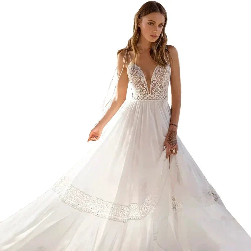 Sexy Spaghetti Straps A-line Deep V-Neck Backless Wedding Dresses  Sleeveless robe de mariée Bridal Gowns vestidos de novia 2023