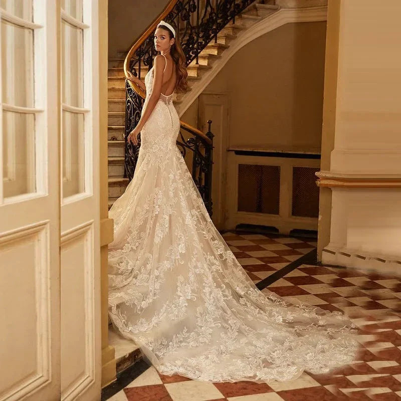 Sexy Spaghetti Straps Mermaid Vestidos De Novia Appliques Vestido De Noiva V-Neck Wedding Dresses Lace Robe De Mariée