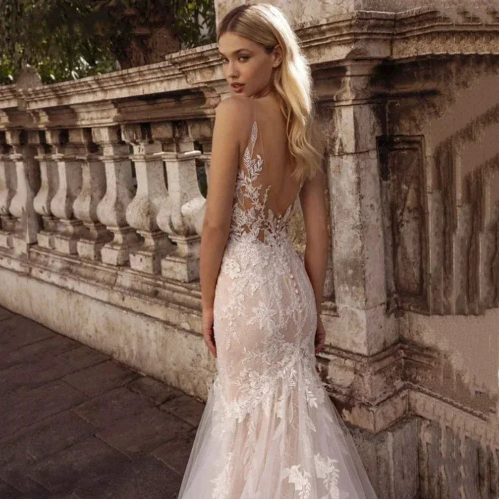 Sexy Spaghetti Straps Vestidos De Novia Lace V-Neck Mermaid Wedding Dresses Appliques Backless Vestido De Noiva