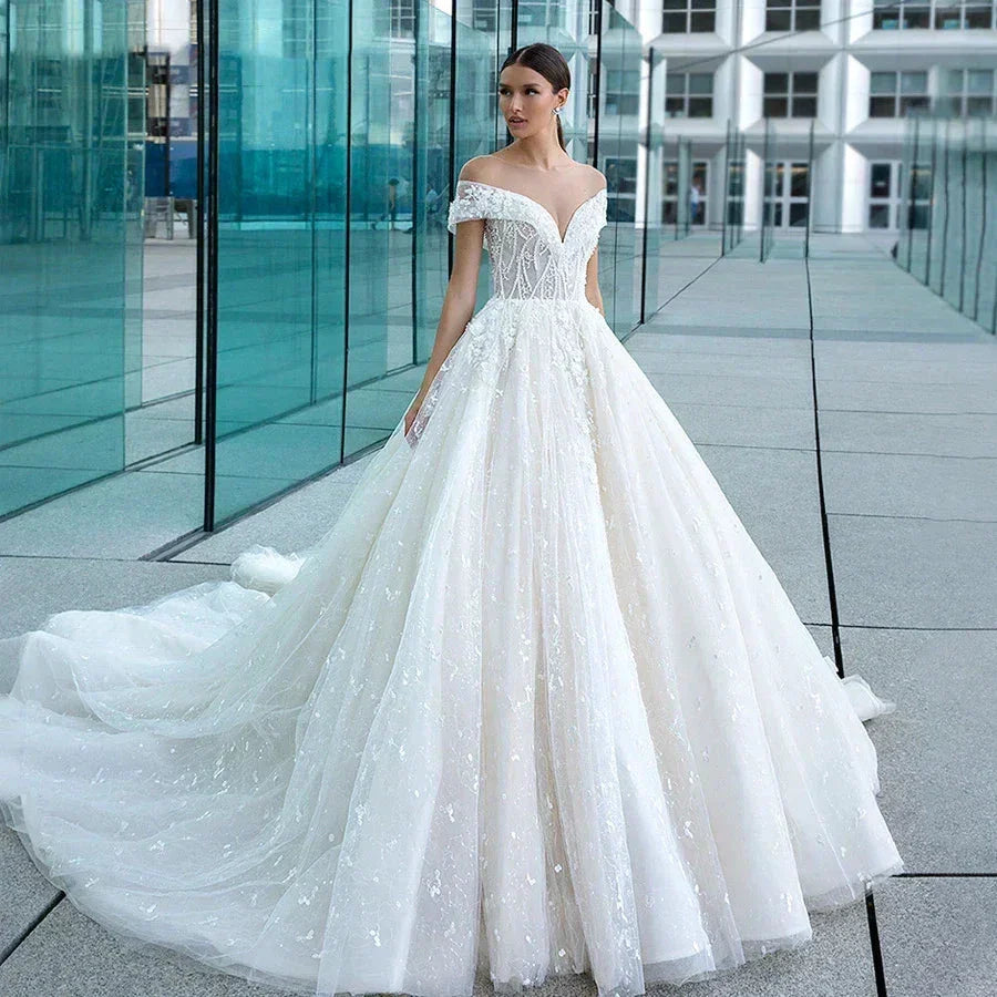 Sexy Sweetheart Lace Wedding Dresses Women's V-neck Decal Princess Wedding Formal Party 2023 Off Shoulder Beaded Romantic Bridal
