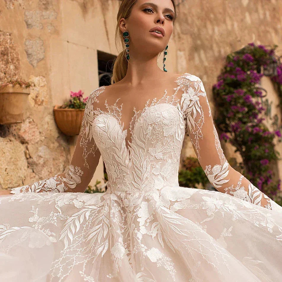 Sexy V-Neck Applique Wedding Dress Lace 2023 Illusion Long Sleeve A-Line Princess Bride Dress Bohemia Vestido De Noiva Women's