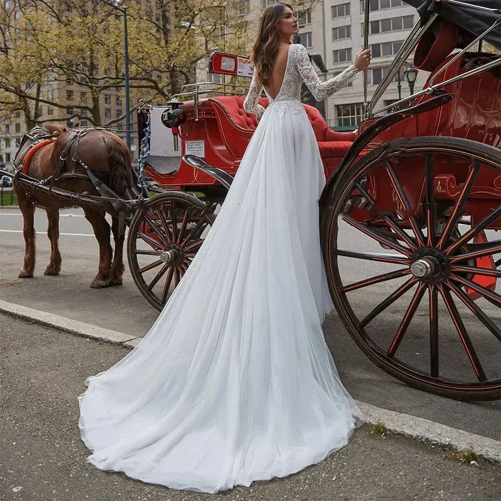 Sexy V Neck Backless Wedding Dresses Lace Long Sleeve Applique Princess Ball Gowns Fluffy A Line Side Slit formal ladies Party