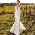 Sexy V-Neck Mermaid Wedding Dress 2023 Lace Boho Sleeveless Bride Gown Customized Buttons Pleats Illusion Back Vestido De Novia
