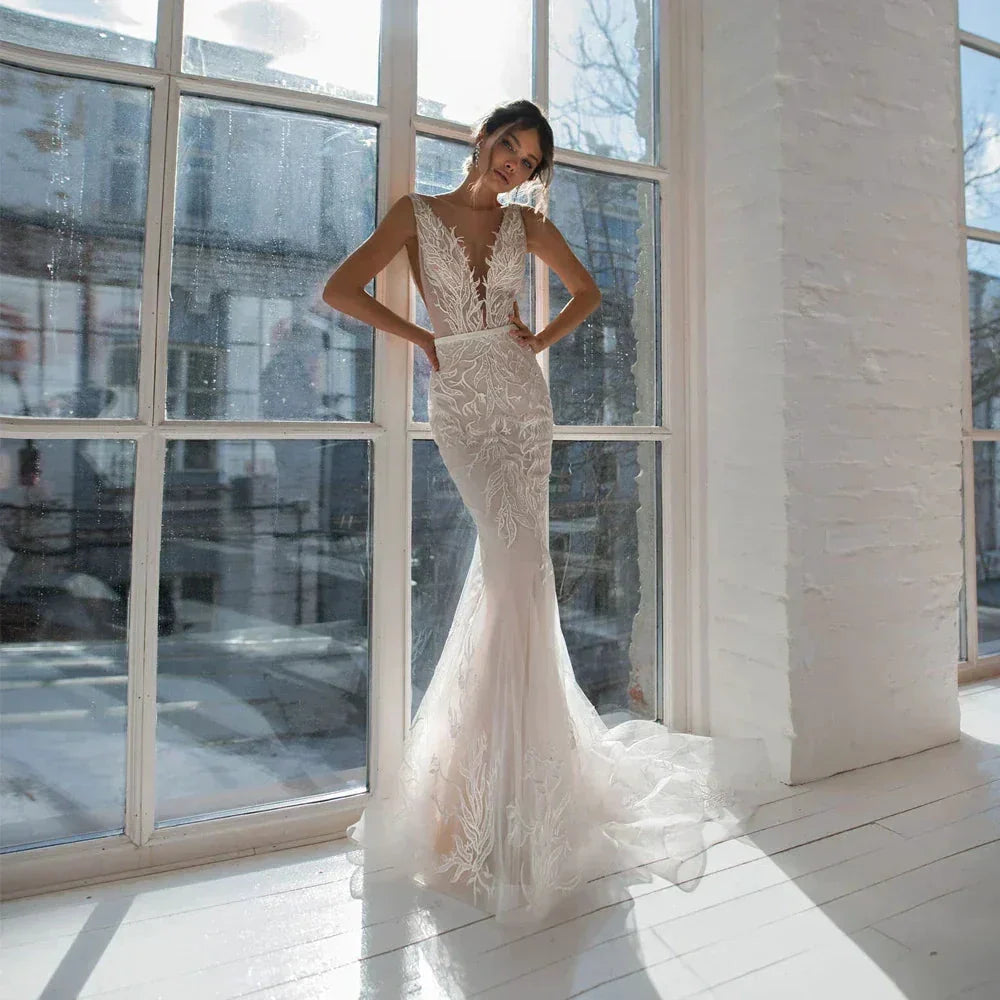 Sexy V-Neck Wedding Dresses Mermaid With Sashes Sleeveless Backless Lace Applique Bridal Gowns 2022 Custom Made Vestido De Noiva