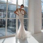 Sexy V-Neck Wedding Dresses Mermaid With Sashes Sleeveless Backless Lace Applique Bridal Gowns 2022 Custom Made Vestido De Noiva