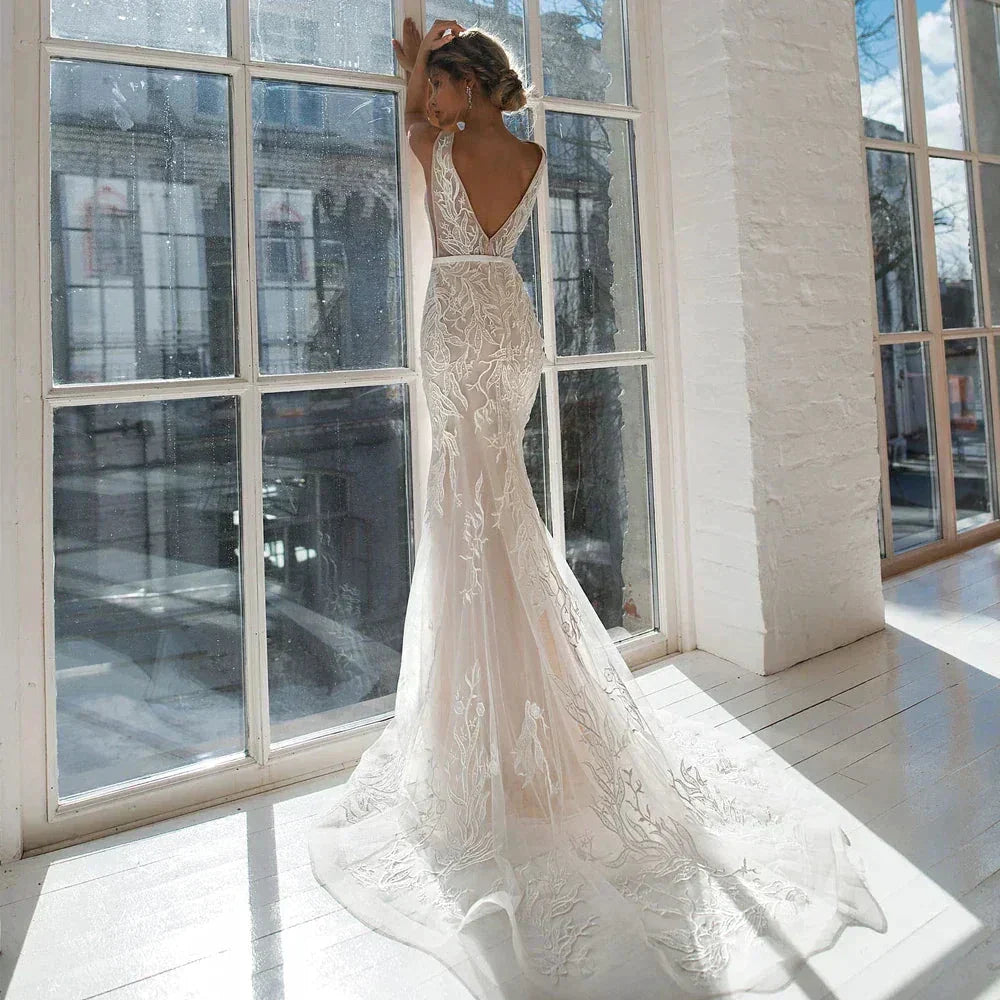 Sexy V-Neck Wedding Dresses Mermaid With Sashes Sleeveless Backless Lace Applique Bridal Gowns 2022 Custom Made Vestido De Noiva