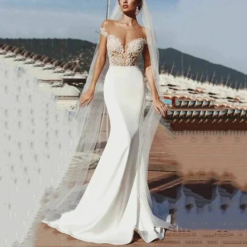 Vintage Lace Applique Wedding Dresses Sexy Off The Shoulder Mermaid Ball Gowns Empire Satin  Formal Bridal Beach Party Vestidos