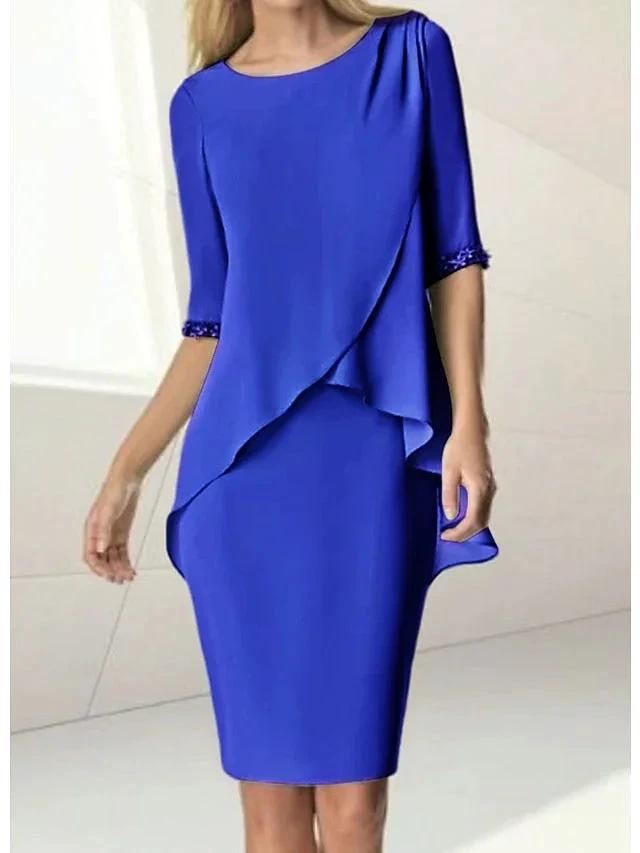 Sheath/Column Jewel Neck Knee-Length Half Sleeve Mother of the Bride Dresses with Beading Ruching