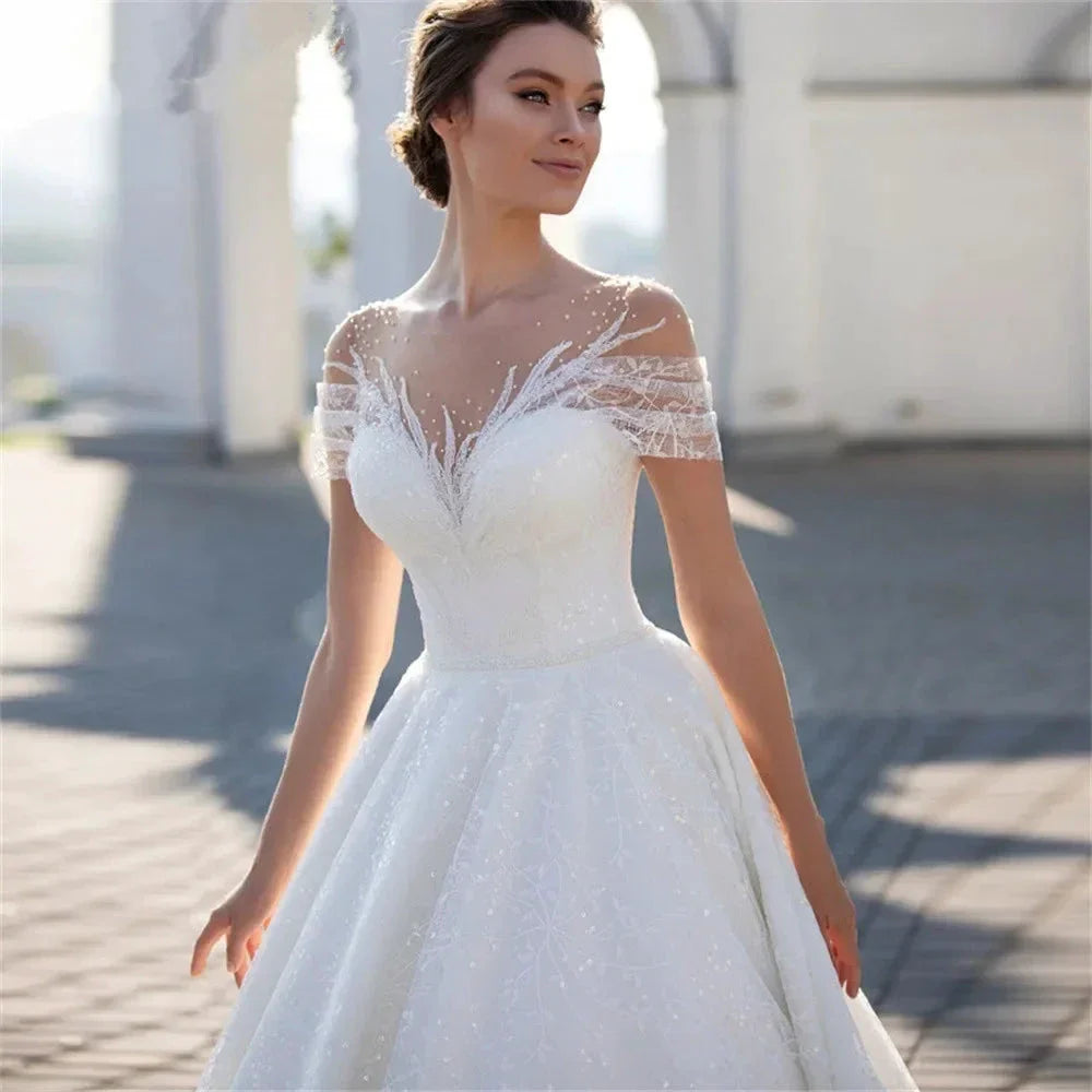 Shiny Off The Shoulder Wedding Dress For Bride  Fashion Glitter Lace A-Line Bridal Gowns Floor Length Custom Made Gillter