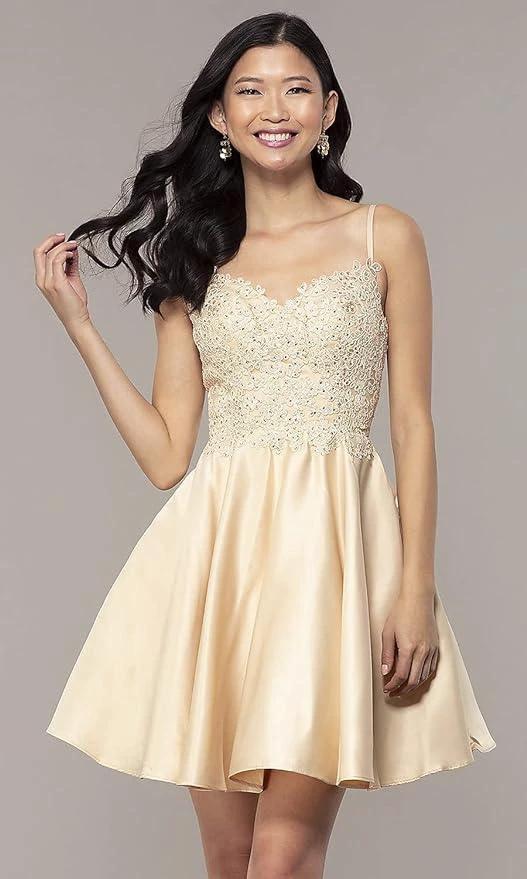 Lace Short Beaded Homecoming Dresses Satin Prom Dress with Pockets SYH82