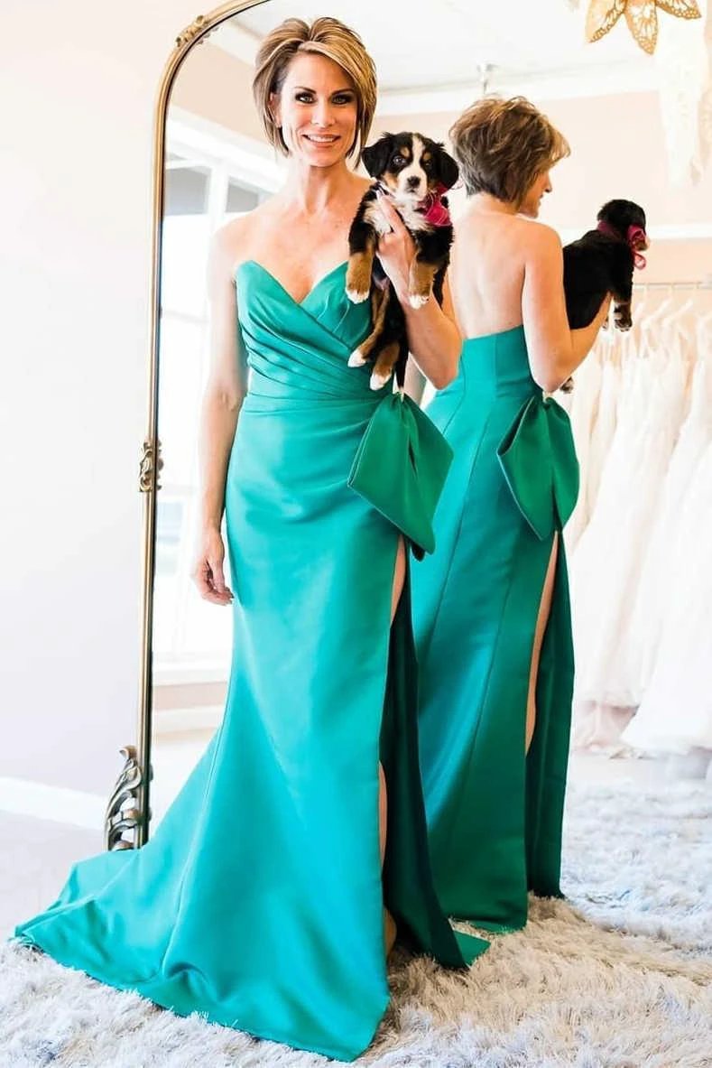 Off Shoulder Pink Satin Prom Dresses With Slit SYP90