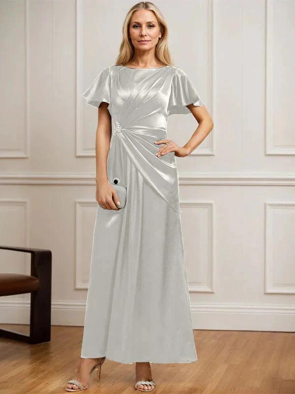 A-line Scoop Ankle-Length Stretch Satin Mother of the Bride Dress With Pleated Beading