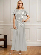 A-line Scoop Ankle-Length Stretch Satin Mother of the Bride Dress With Pleated Beading