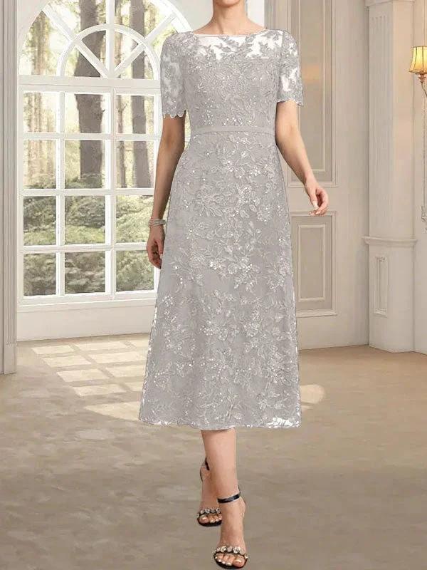 A-line Scoop Illusion Tea-Length Lace Mother of the Bride Dress With Sequins