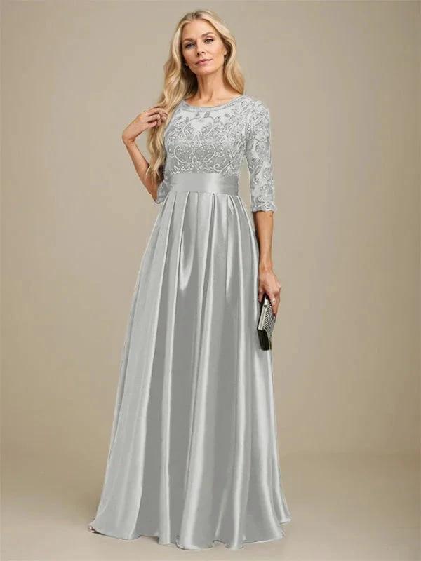 A-line Scoop Illusion Floor-Length Stretch Satin Lace Mother of the Bride Dress With Bow Sequins