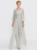 3 Piece Chiffon Square Neck Mother of the Bride Pantsuits with Jacket
