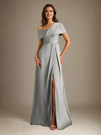 A-Line Asymmetrical Neckline Floor-Length Satin Mother of the Bride Dress With Pleated