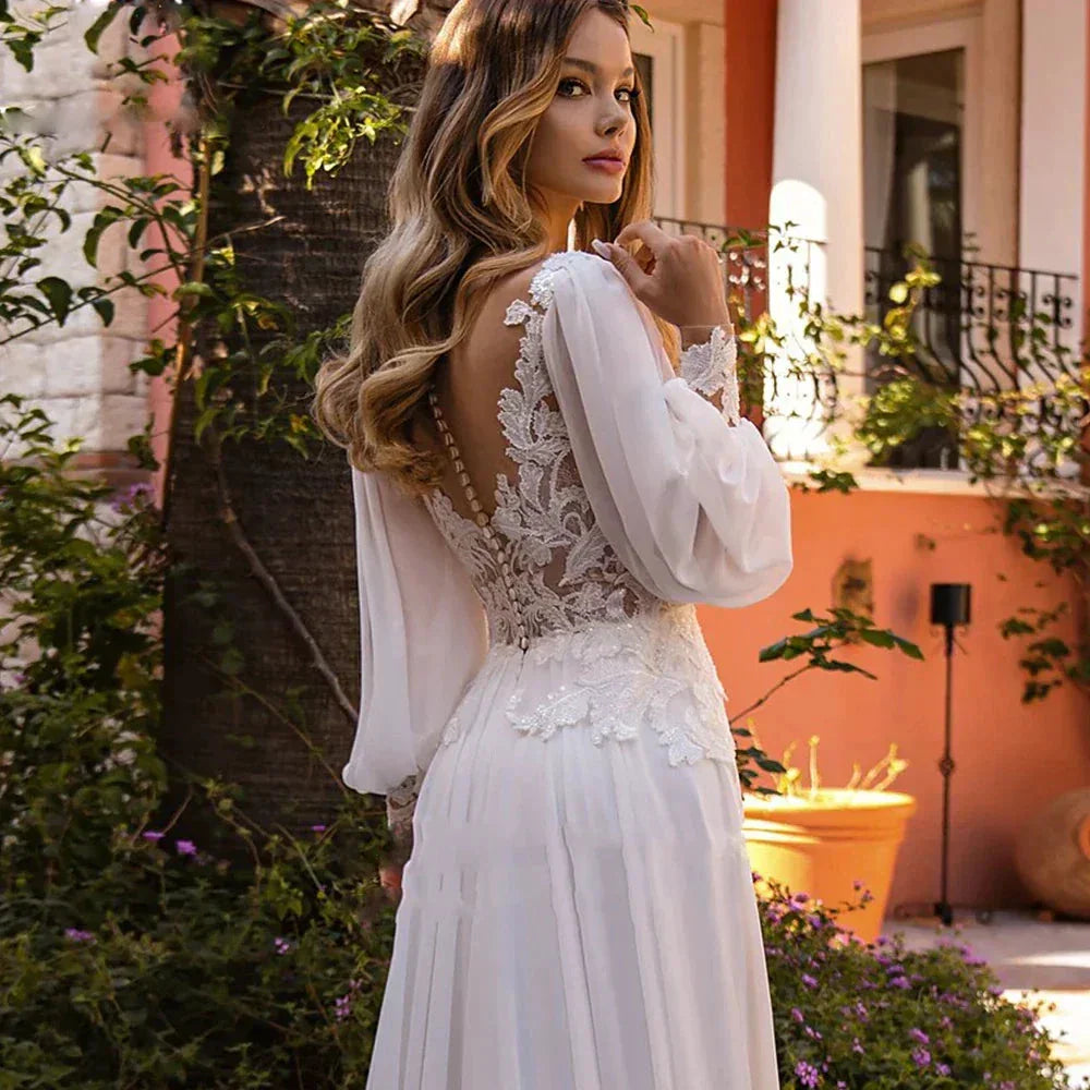 Simple A-Line V-neck Chiffon Wedding Dress Women's Elegant Decal Back Button Design Bridal Gowns Beach Party Welcome Vestido Nov