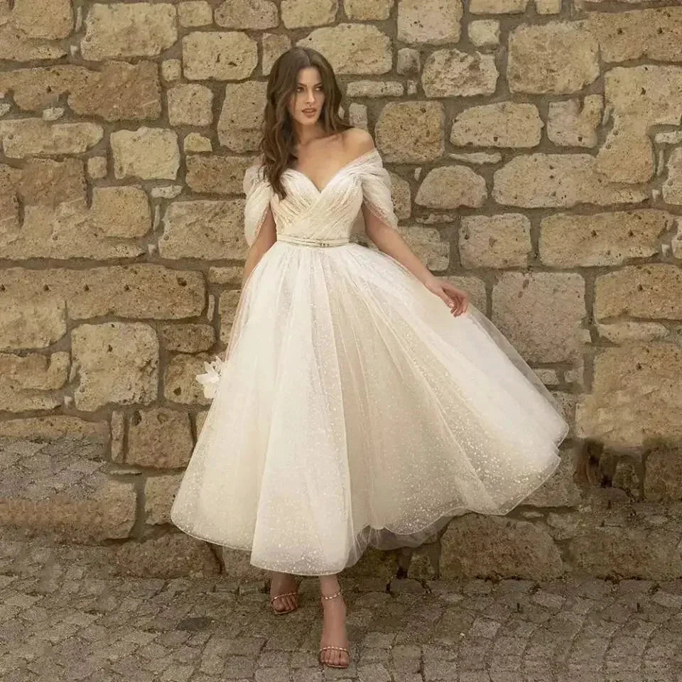 Simple Short Beach Wedding Dress 2022 V Neck Off Shouler Custom Made Bridal Gowns A Line Tea Length Backless  Vestidos De Novia