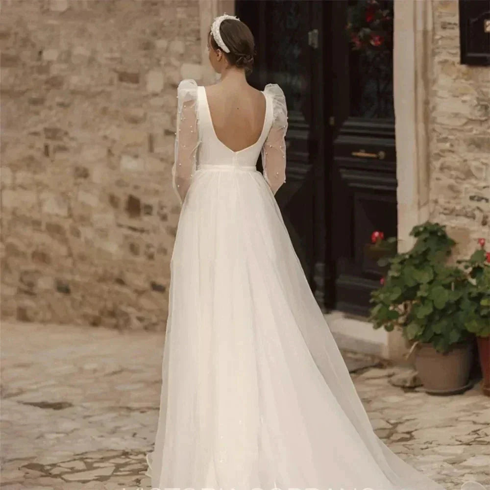 Simple Wedding Dresses A Line Long Illusion Sleeve Fuffy Tulle Ball Gowns Woman's Formal Bride Beach Party Vestidos Para Mujer