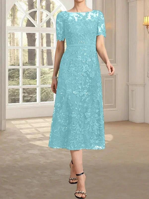 A-line Scoop Illusion Tea-Length Lace Mother of the Bride Dress With Sequins