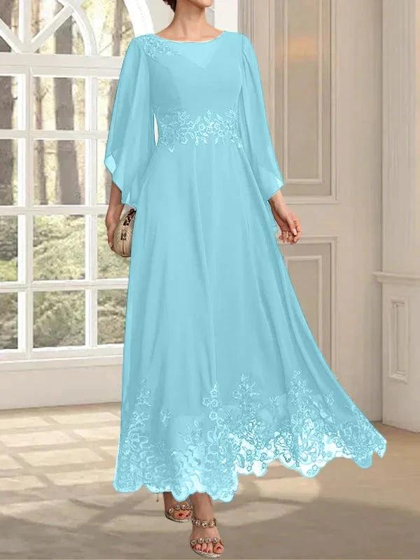 A-line Scoop Illusion Ankle-Length Lace Chiffon Mother of the Bride Dress With Sequins