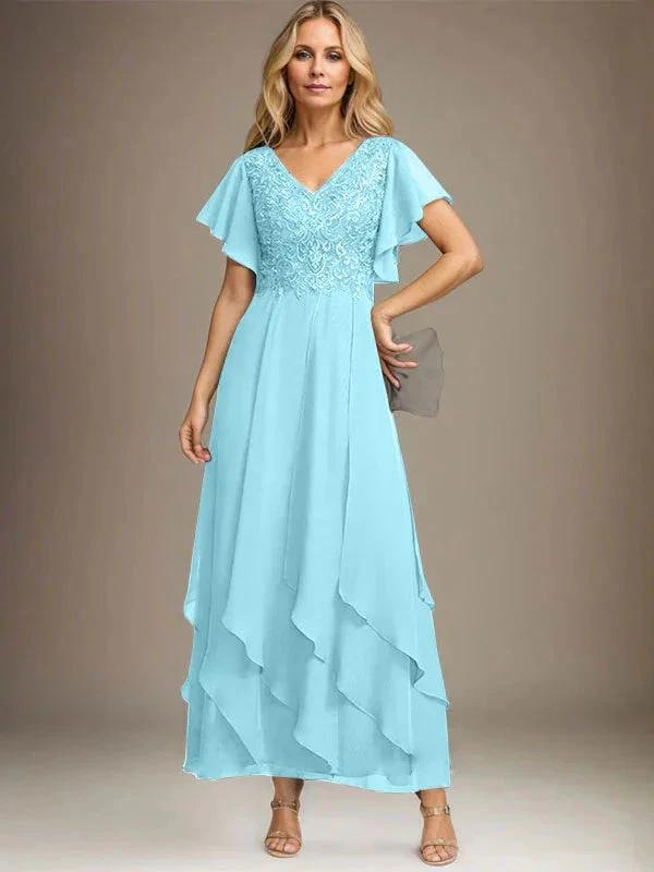A-line V-Neck Ankle-Length Lace Chiffon Mother of the Bride Dress With Cascading Ruffles