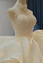 Ivory Lace Strapless Ballgown Choker Collar & Bow Skirt