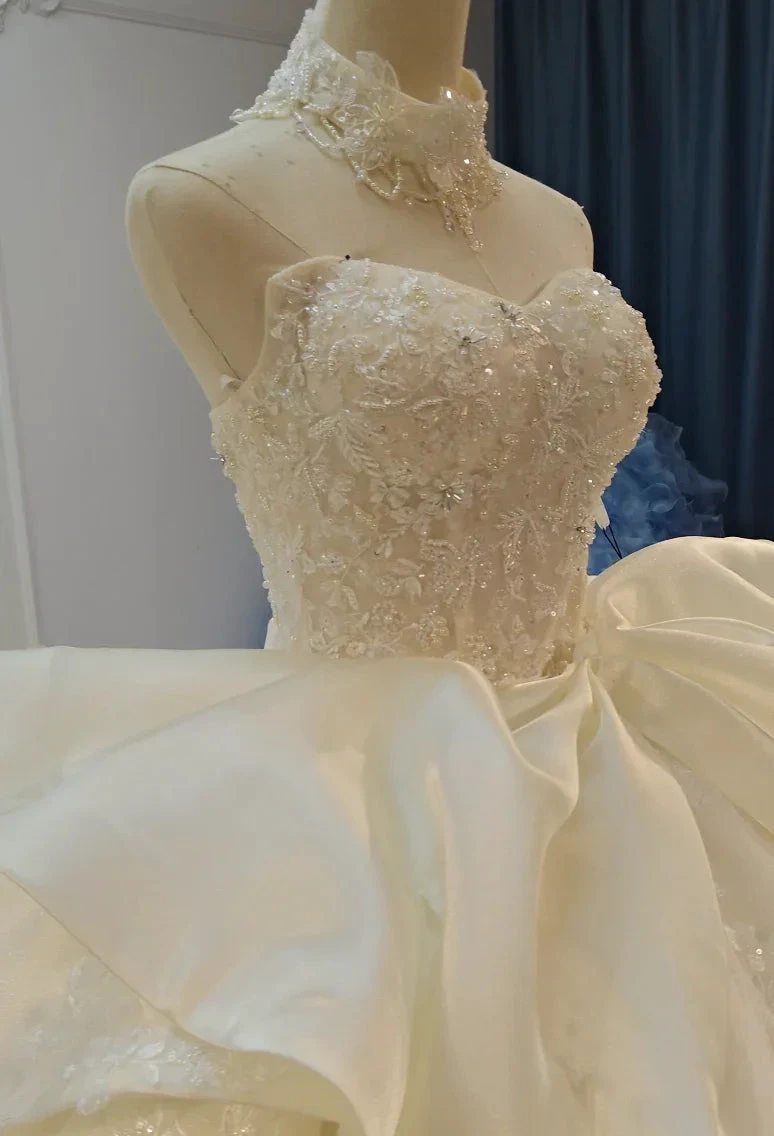 Ivory Lace Strapless Ballgown Choker Collar & Bow Skirt