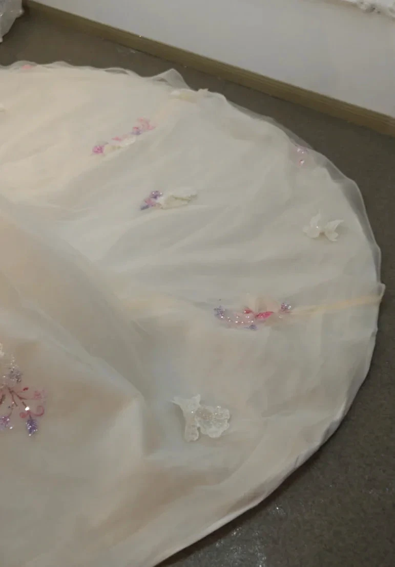 Blush Floral Strapless Ballgown Embroidered Skirt & Tulle Cape