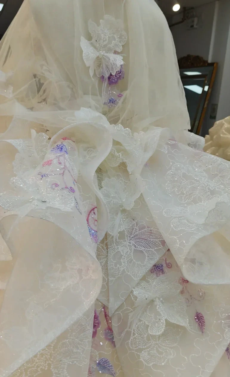 Blush Floral Strapless Ballgown Embroidered Skirt & Tulle Cape