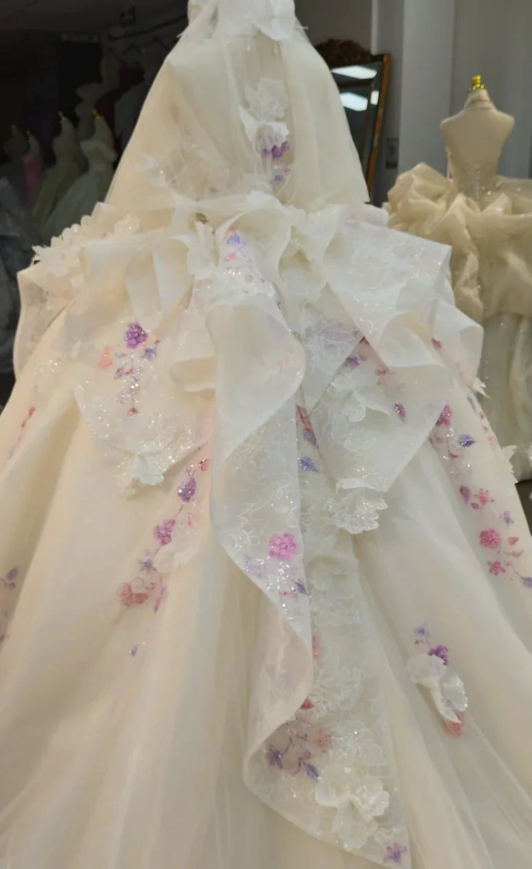 Blush Floral Strapless Ballgown Embroidered Skirt & Tulle Cape