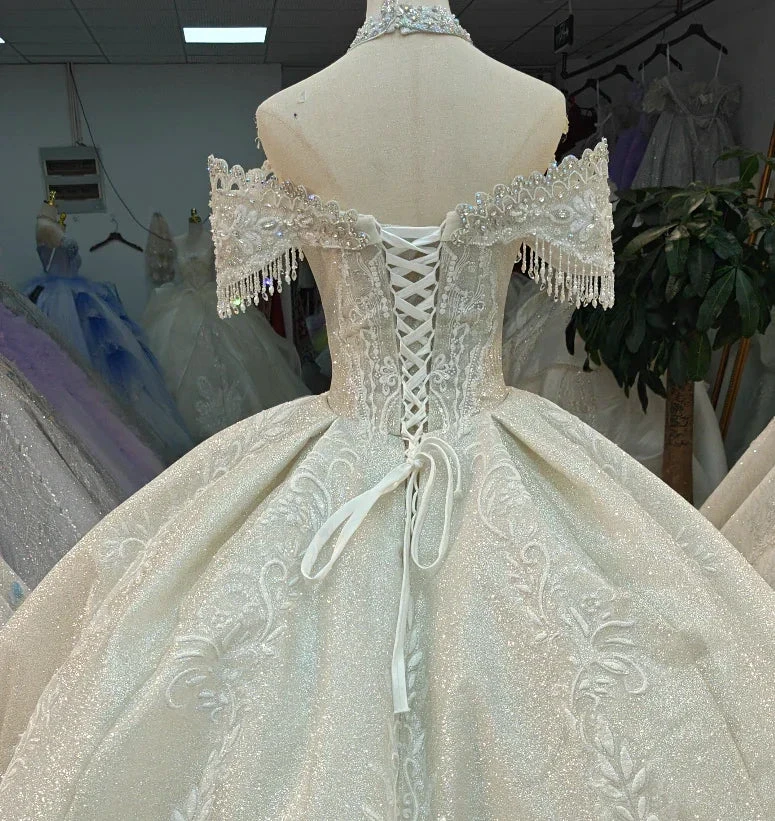 Champagne Glimmer Off-Shoulder Ballgown Crystal Fringe Bust & Embroidered Train